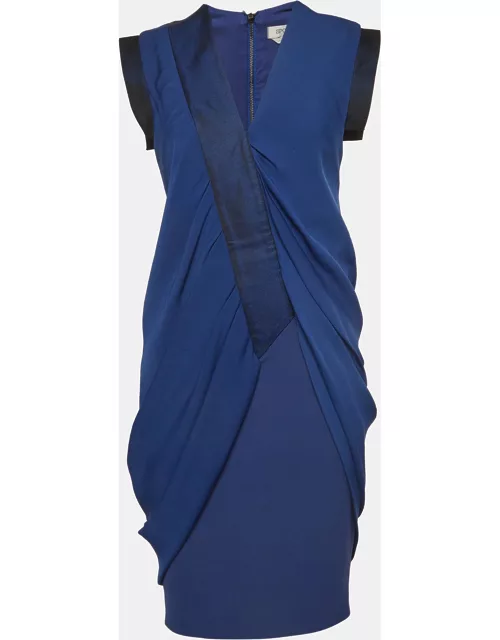 Sportmax Blue Gabardine and Satin Draped Style Sheath Dress