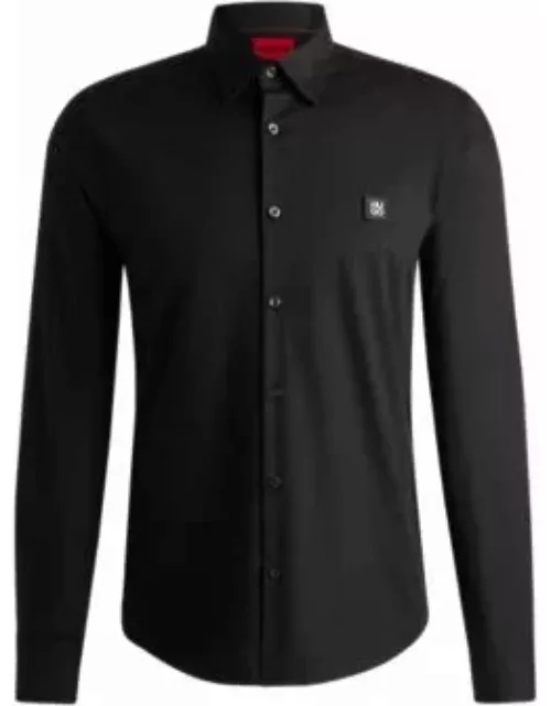 Slim-fit shirt in stretch cotton with stacked logo- Black Men's Shirt