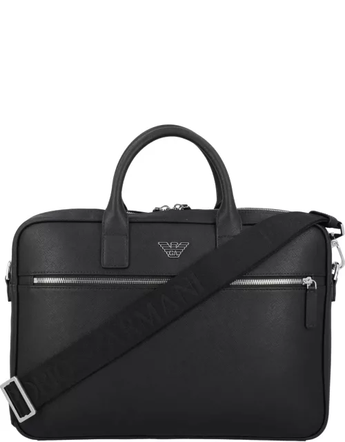 Emporio Armani Regenerated-leather Business Bag With Eagle Pate
