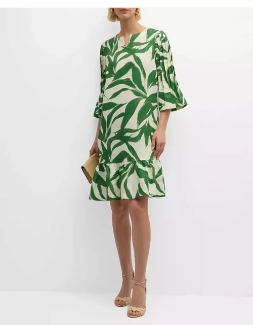 Leaf-Print Ruffle Linen Dres