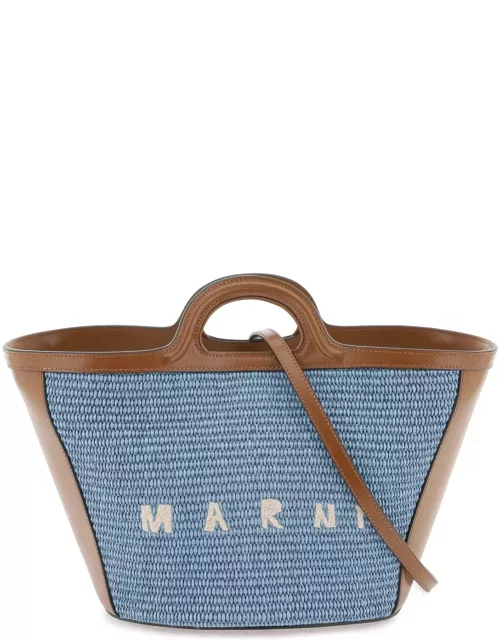 Marni Small Tropicalia Summer Bag In Brown Leather And Light Blue Raffia