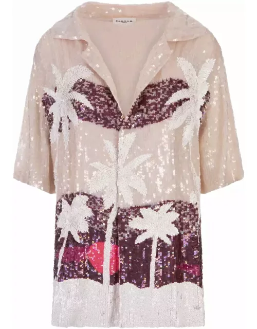 Parosh Pink Tropical Patterns Casual Style Short Sleeves Shirt