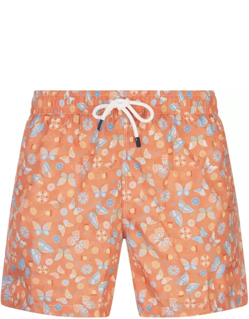 Fedeli Orange Swim Shorts With Butterfly Print