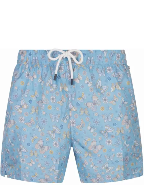 Fedeli Sky Blue Swim Shorts With Butterfly Print