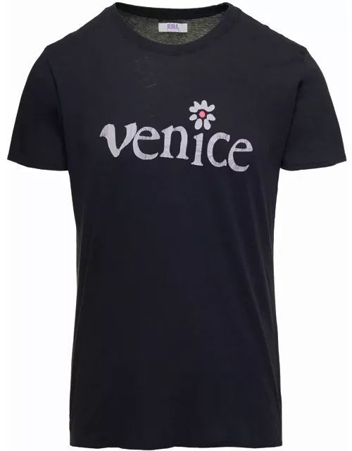ERL Black Crewneck T-shirt With Venice Print In Cotton