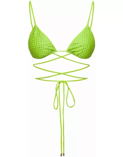 self-portrait Bikini Top With All-over Crystal Embellishment In Green Polyamide Woman