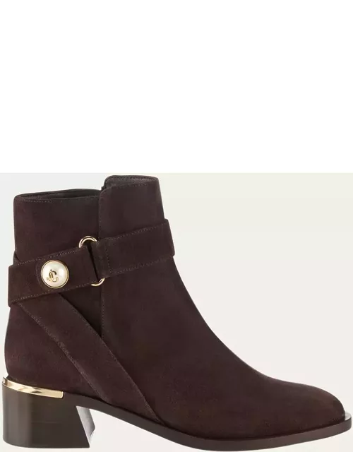 Noor Suede Pearly-Button Ankle Bootie