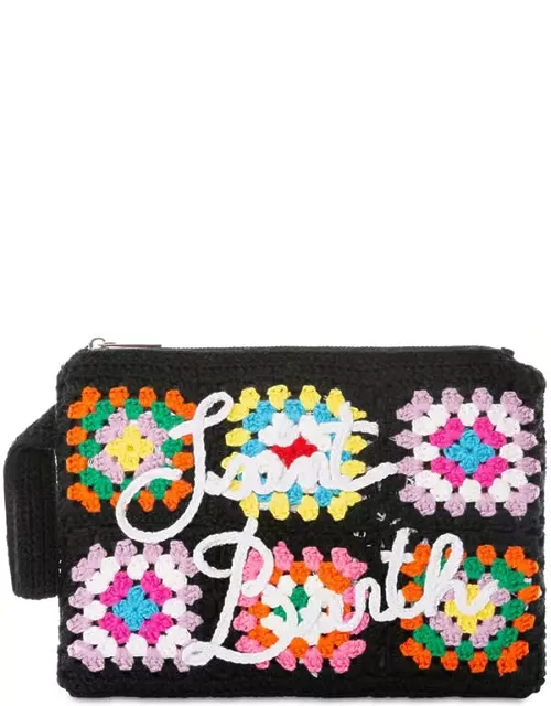 MC2 Saint Barth Parisienne Black Crochet Pouch Bag With Saint Barth Embroidery