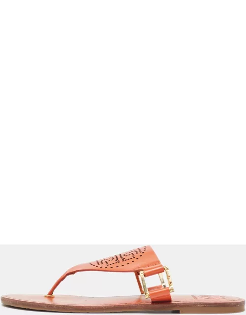 Tory Burch Orange Perforated Leather Thong Sandal