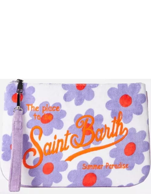 MC2 Saint Barth Parisienne Terry Pouch Bag With Violet And Orange Daisy Print