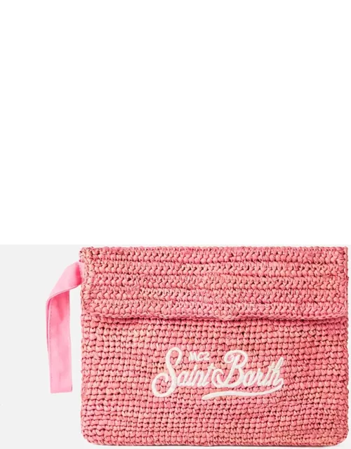 MC2 Saint Barth Raffia Pink Pouch Bag With Front Embroidery