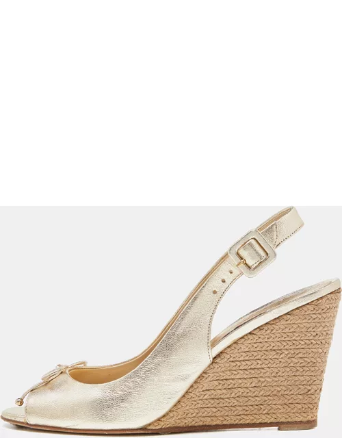 CH Carolina Herrera Gold Leather Ankle Strap Wedge Sandal