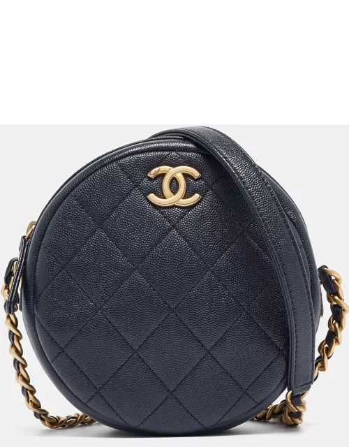 Chanel Navy Blue Quilted Caviar Leather Round Camera Crossbody Bag