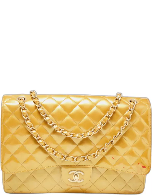 Chanel Gold Quilted Patent Leather Maxi Classic Single Flap Bag