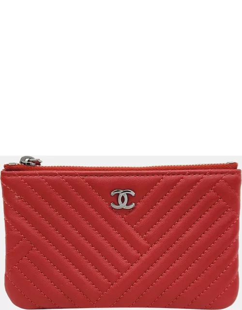 Chanel Red Leather Chevron Pouch