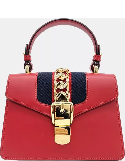 Gucci Red Leather Mini Sylvie Top Handle Bag