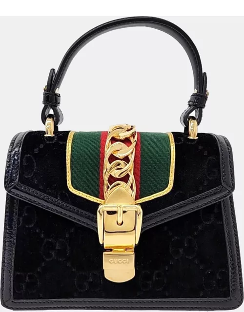 Gucci Black Velvet and Leather Mini Sylvie Top Handle Bag