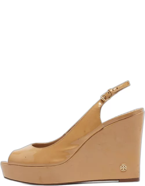 Tory Burch Beige Patent Leather Slingback Wedge Sandal