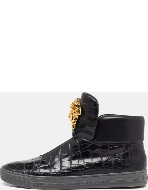 Versace Black Croc Embossed Leather Medusa High Top Sneaker