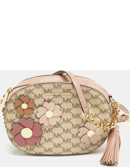Michael Kors Old Rose/Beige Signature Coated Canvas and Leather Floral Applique Ginny Crossbody Bag