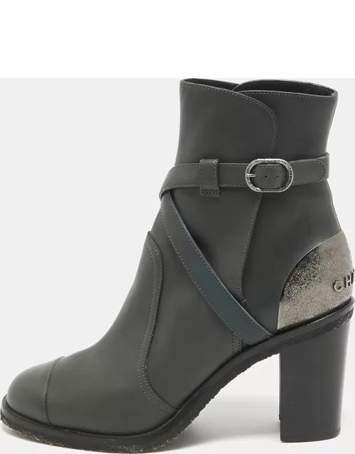 Chanel Green Leather Buckle Ankle Boot
