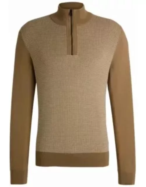 Zip-neck sweater with mixed structures- Light Beige Men's Sweater