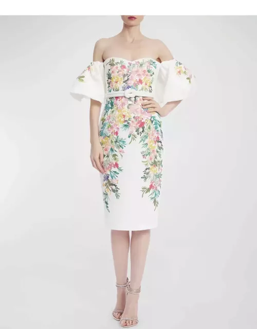 Off-Shoulder Floral-Print Midi Dres
