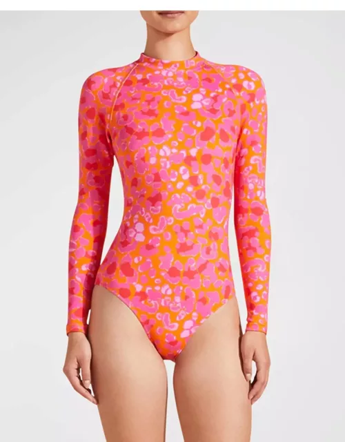 Abstract Leopard Printed Rashguard One-Piece Swimsuit