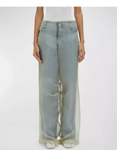 Wide-Leg Denim Jeans with Silk Parchment Overlay