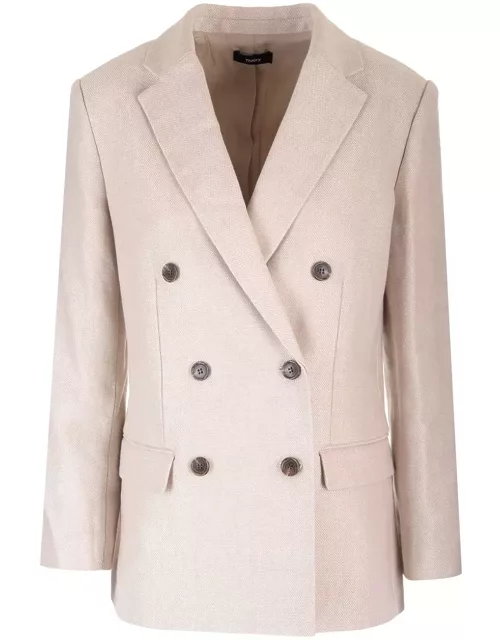Theory Double-breasted Blazer In Linen Twil