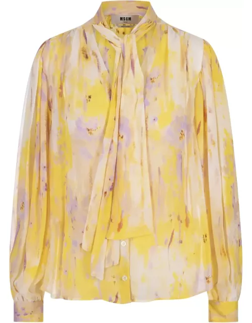 MSGM Bow Shirt In Georgette With artsy Flower Print