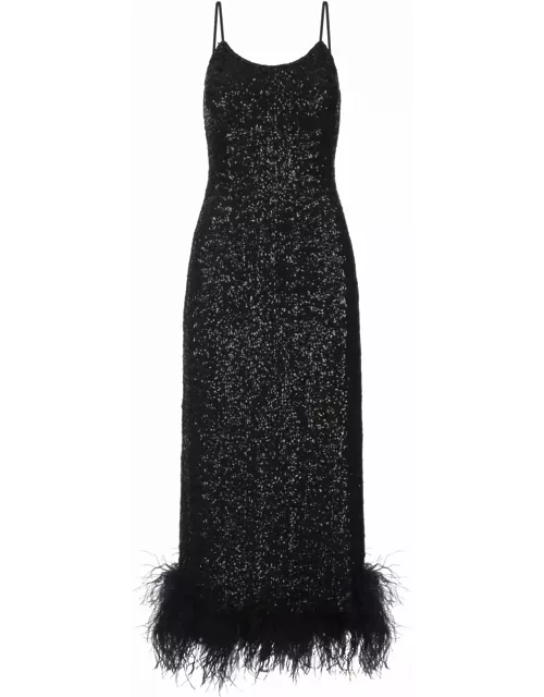 Oseree Black Sequined Petticoat Dress With Feather