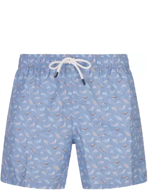 Fedeli Light Blue Swim Shorts With Dolphin Pattern