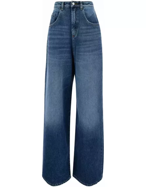 Icon Denim Blue High Waisted Wide Jeans In Cotton Denim Woman