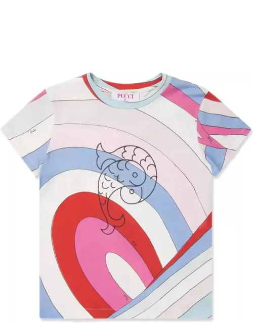 Pucci T-shirt With Fish Motif And Iris Print In Light Blue/multicolour