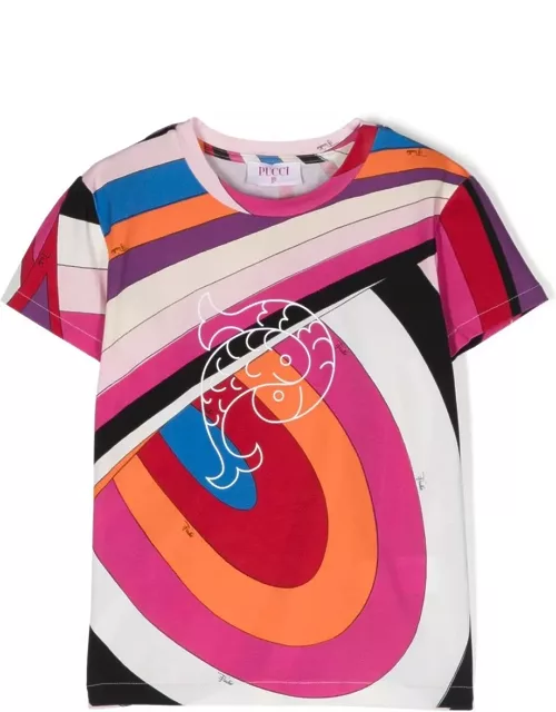 Pucci T-shirt With Fish Motif And Iris Print In Purple/multicolour