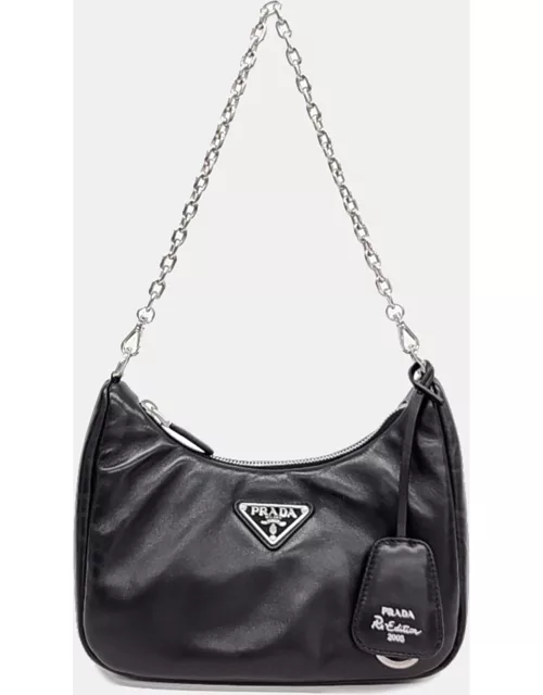 Prada Black Leather Tessuto Padded Hobo Bag