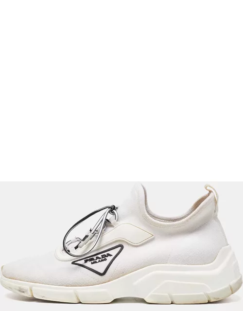 Prada White Logo Knit Fabric Low Top Sneaker
