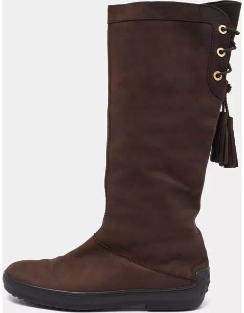Tod's Brown Nubuck Leather Calf Length Boot