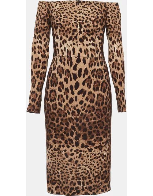 Dolce & Gabbana Brown Leopard Print Crepe Off-Shoulder Midi Dress