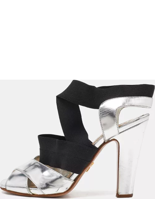 Prada Black/Silver Leather and Fabric Strappy Open Toe Sandal