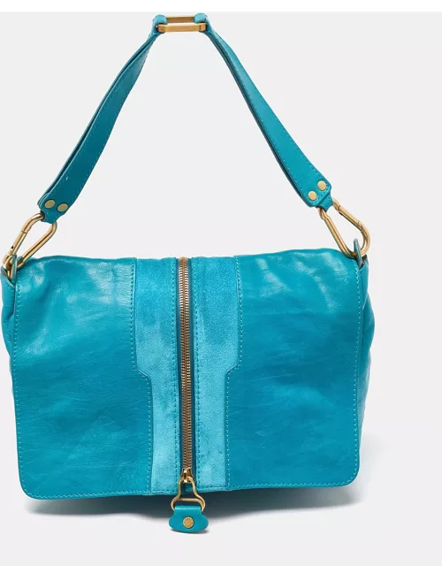 Jimmy Choo Turquoise Blue Leather and Suede Expandable Shoulder Bag
