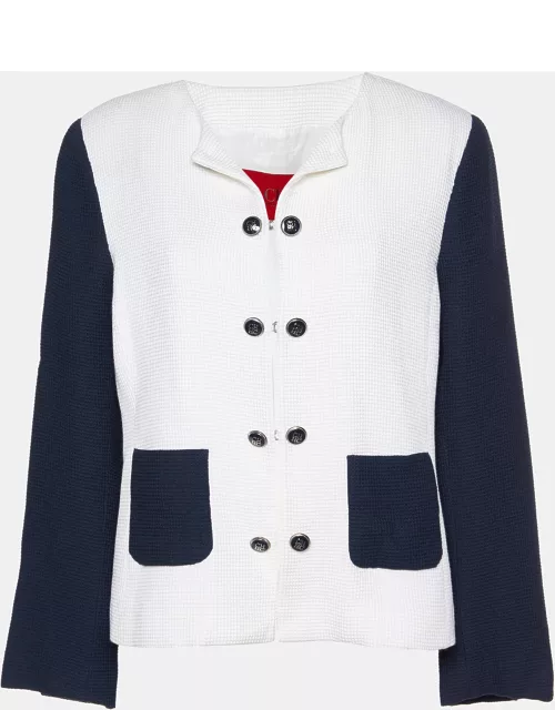 CH Carolina Herrera White/Navy Blue Textured Cotton Jacket