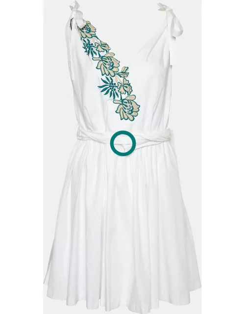 Sandro White Cotton Applique Detail Belted Mini Dress