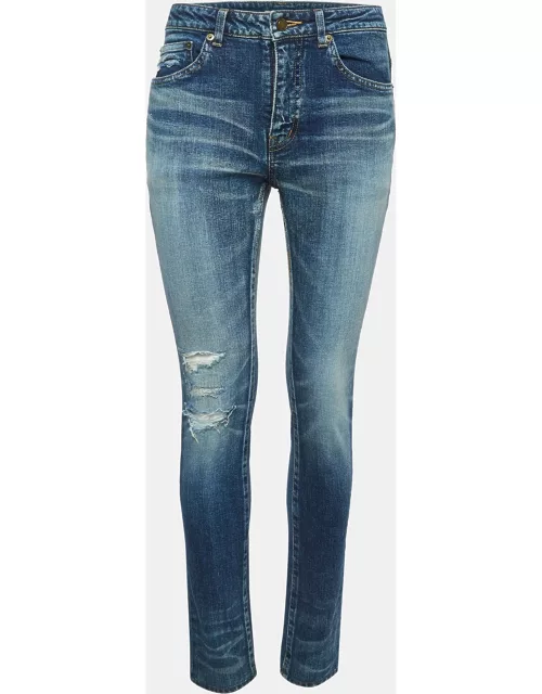 Saint Laurent Blue Distressed Denim Frayed Skinny Jeans M Waist 28"