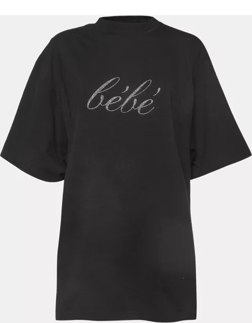 Balenciaga Black Bebe Embellished Cotton Crew Neck T-Shirt