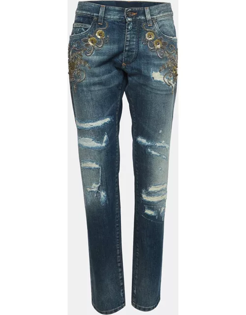 Dolce & Gabbana Navy Blue Ripped Denim Crystal Embellished Jeans L Waist 33"
