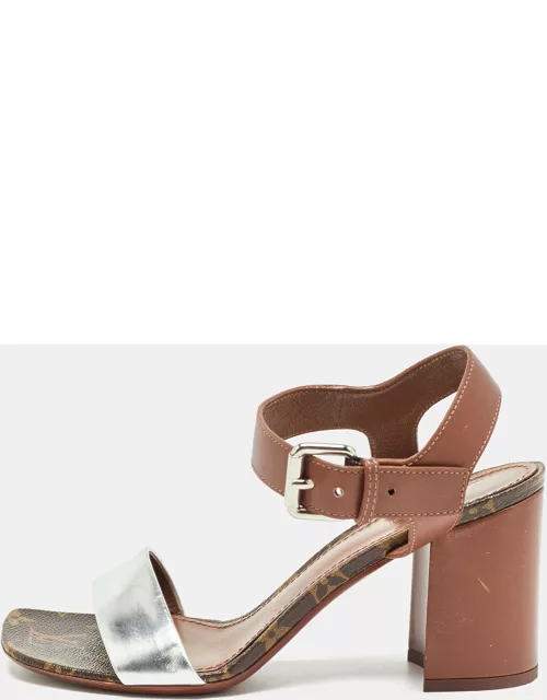 Louis Vuitton Silver/Brown Leather Bloom Ankle Strap Sandal