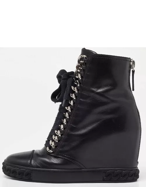 Casadei Black Leather Wedge High Top Ankle Bootie
