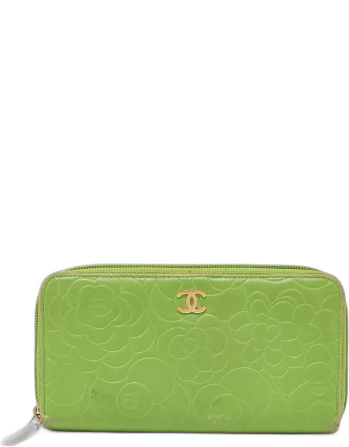 Chanel Green Leather Camellia Zip Around Wallet